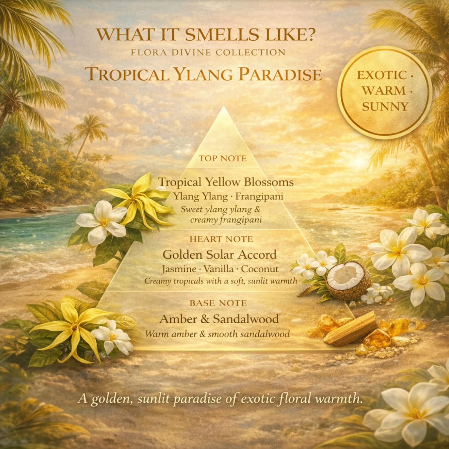 ARWA Essential Tropical Ylang Paradise fragrance notes pyramid - top note tropical yellow blossoms ylang ylang and frangipani, heart note golden solar accord jasmine vanilla and coconut, base note amber and sandalwood, exotic warm sunny, Flora Divine Collection