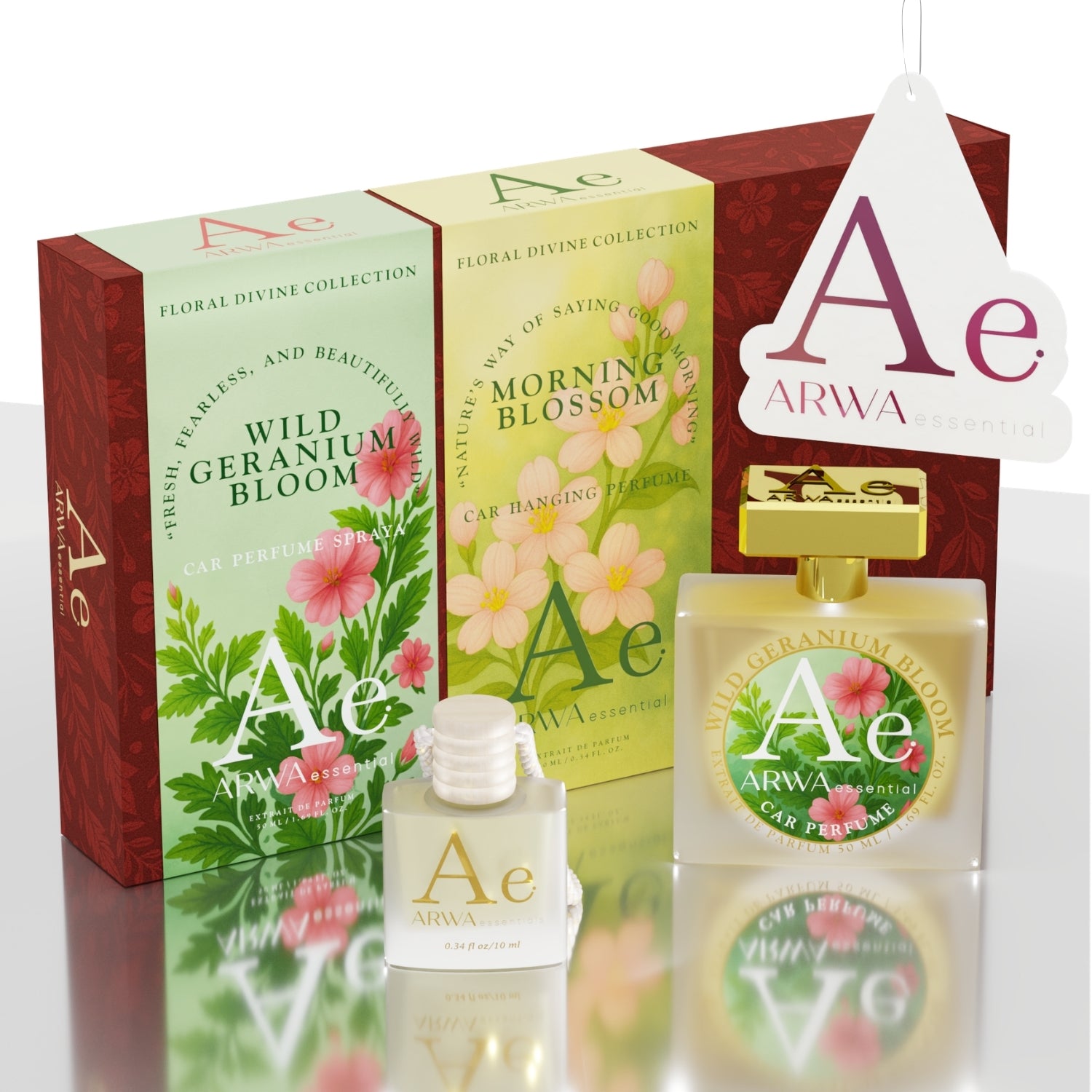 Morning Blossom Hanging Car Perfume 10ml + Wild Geranium Bloom Car Perfume Spray 50ml