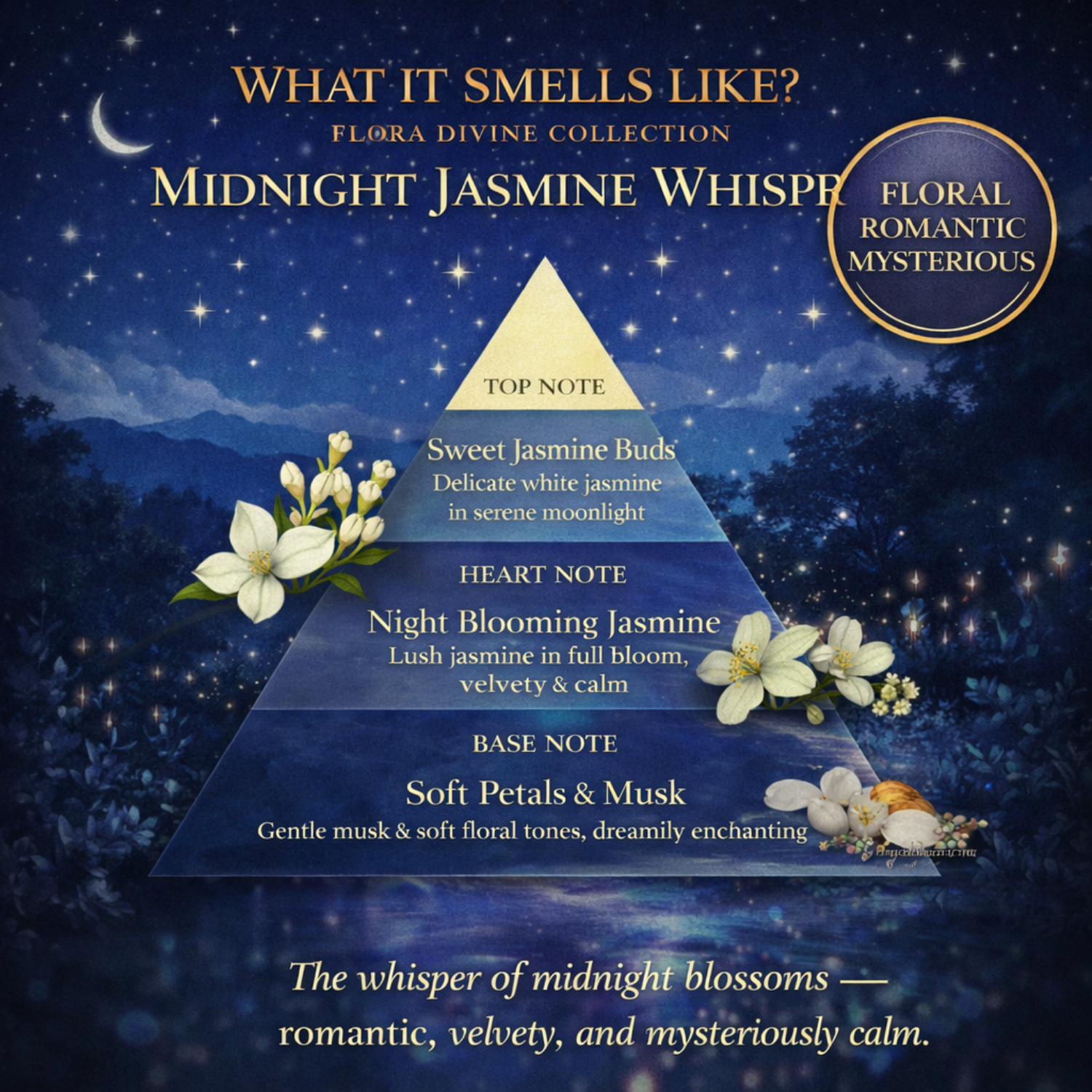 ARWA Essential Midnight Jasmine Whisper fragrance notes pyramid - top note sweet jasmine buds, heart note night blooming jasmine lush and velvety, base note soft petals and musk, floral romantic mysterious, Flora Divine Collection