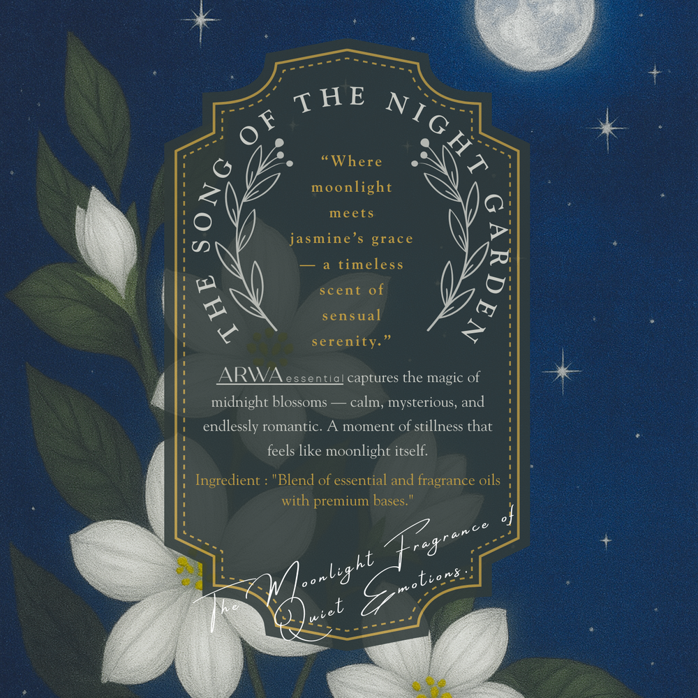 ARWA Essential Midnight Jasmine Whisper decorative night garden poster with moon and jasmine flowers, quote 'The Song of the Night Garden - where moonlight meets jasmine's grace', a timeless scent of sensual serenity