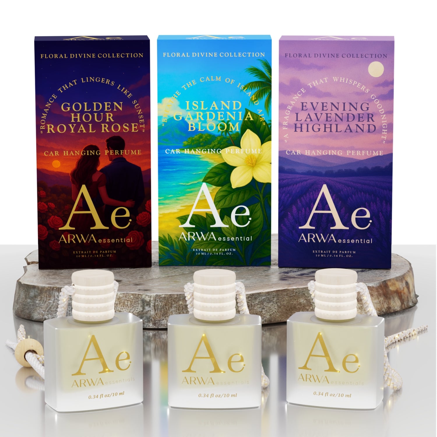 Golden Hour Royal Rose + Island Gardenia Bloom + Evening Lavender Highland Hanging Car Perfume | 10ml Each