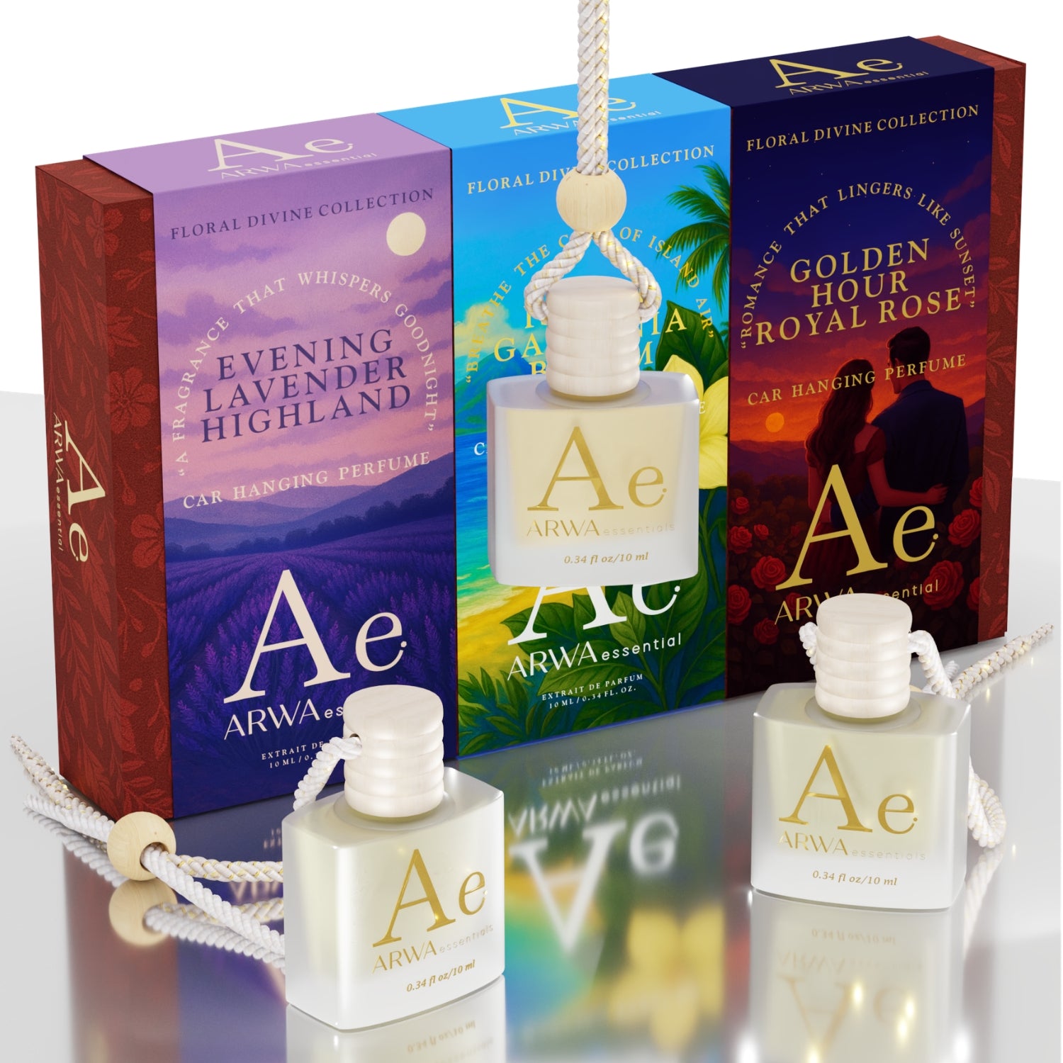 Golden Hour Royal Rose + Island Gardenia Bloom + Evening Lavender Highland Hanging Car Perfume | 10ml Each