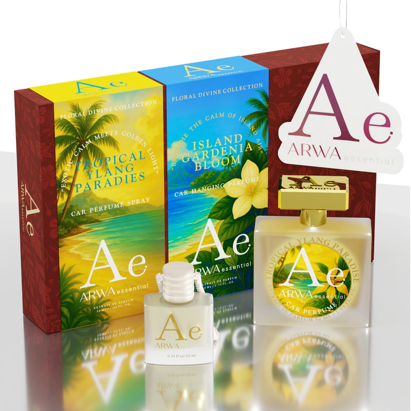 ARWA essential Tropical Ylang Paradise and Island Gardenia Bloom hanging car perfume combo with packaging boxes and hanging card tag, Flora Divine Collection.