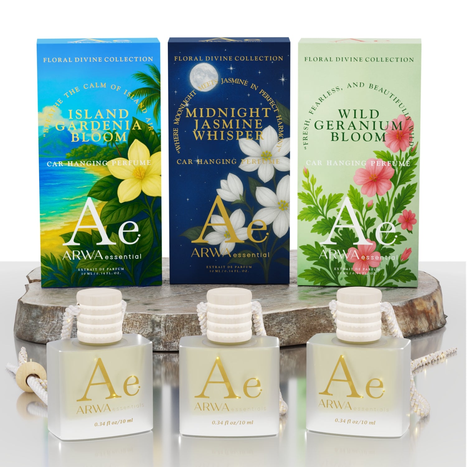 Wild Geranium Bloom + Island Gardenia Bloom + Midnight Jasmine Whisper Hanging Car Perfume | 10ml Each