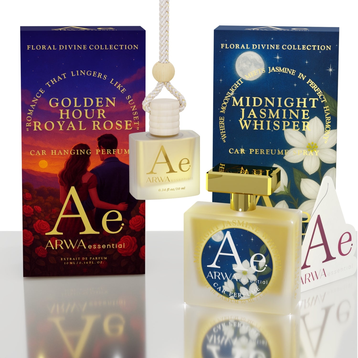 Golden Hour Royal Rose Hanging Car Perfume 10ml + Midnight Jasmine Whisper Car Perfume Spray 50ml