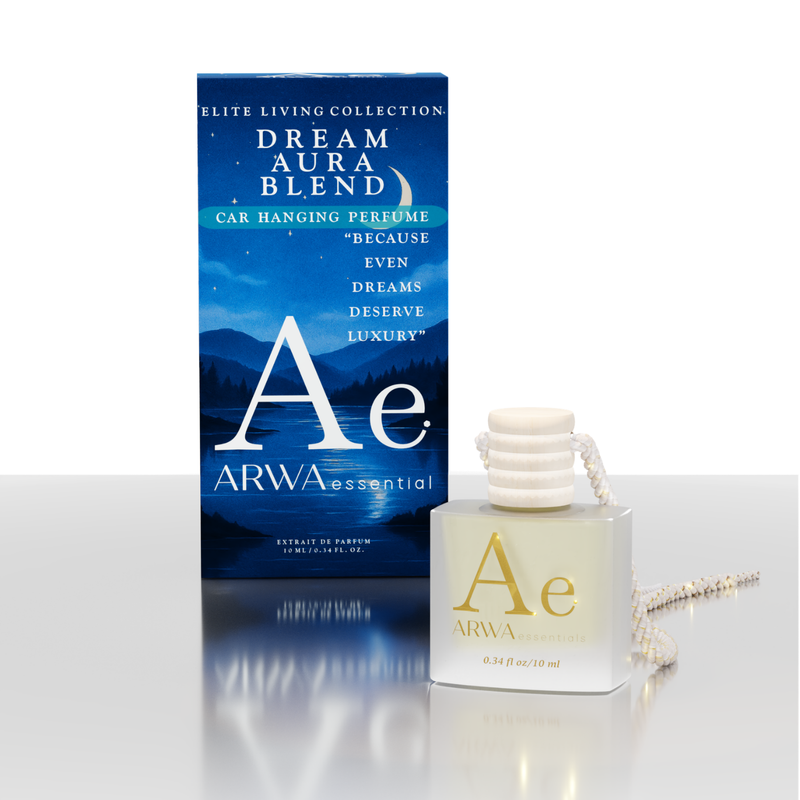 ARWA Essential Dream Aura Blend 10ml hanging car perfume, Elite Living Collection – packaging box and hanging bottle, front view
