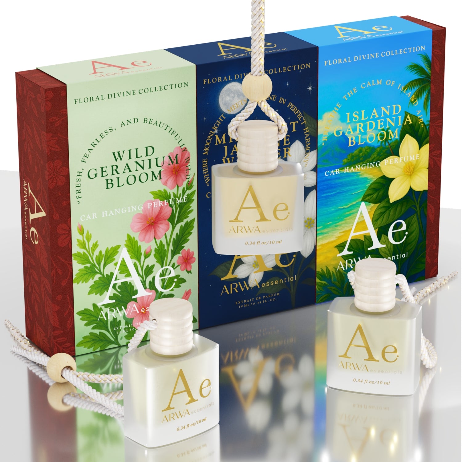 Wild Geranium Bloom + Island Gardenia Bloom + Midnight Jasmine Whisper Hanging Car Perfume | 10ml Each