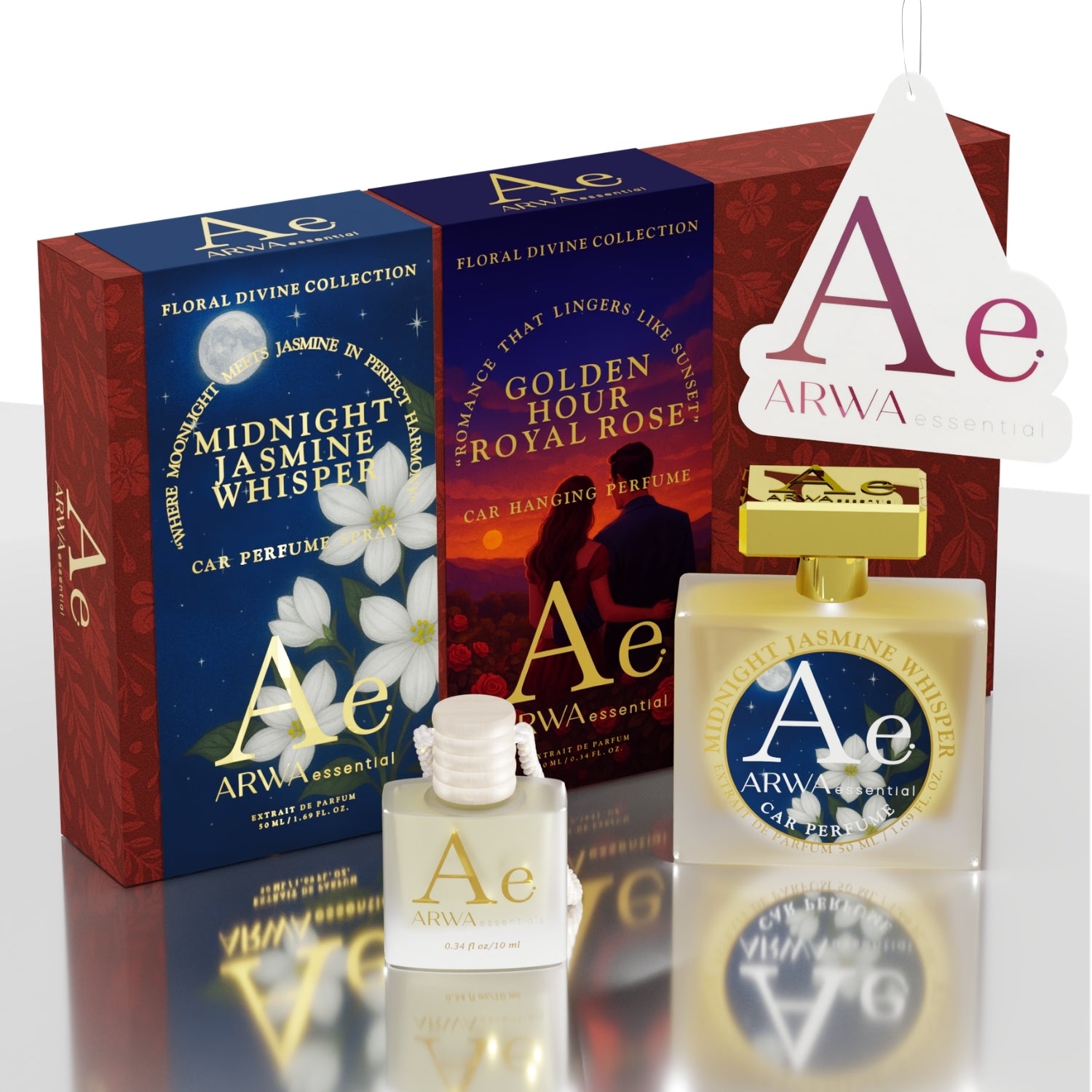Golden Hour Royal Rose Hanging Car Perfume 10ml + Midnight Jasmine Whisper Car Perfume Spray 50ml
