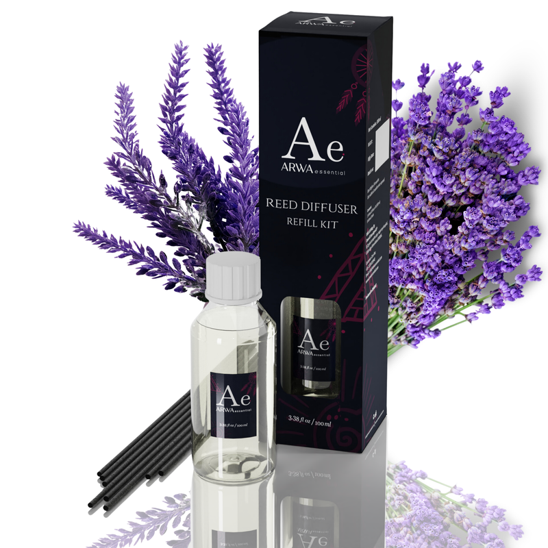ARWA Essential French Lavender Reed Diffuser Refill Kit - 100ml fragrance oil bottle with 8 premium black reed sticks and packaging box, purple lavender flowers in background