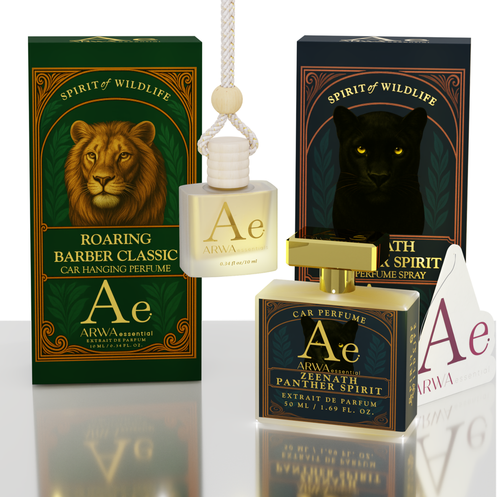 ARWA Essential Roaring Barber Classic and Zeenath Panther Spirit car perfume combo - Spirit of Wildlife collection hanging car perfume with lion design box and 50ml panther spirit spray bottle with packaging