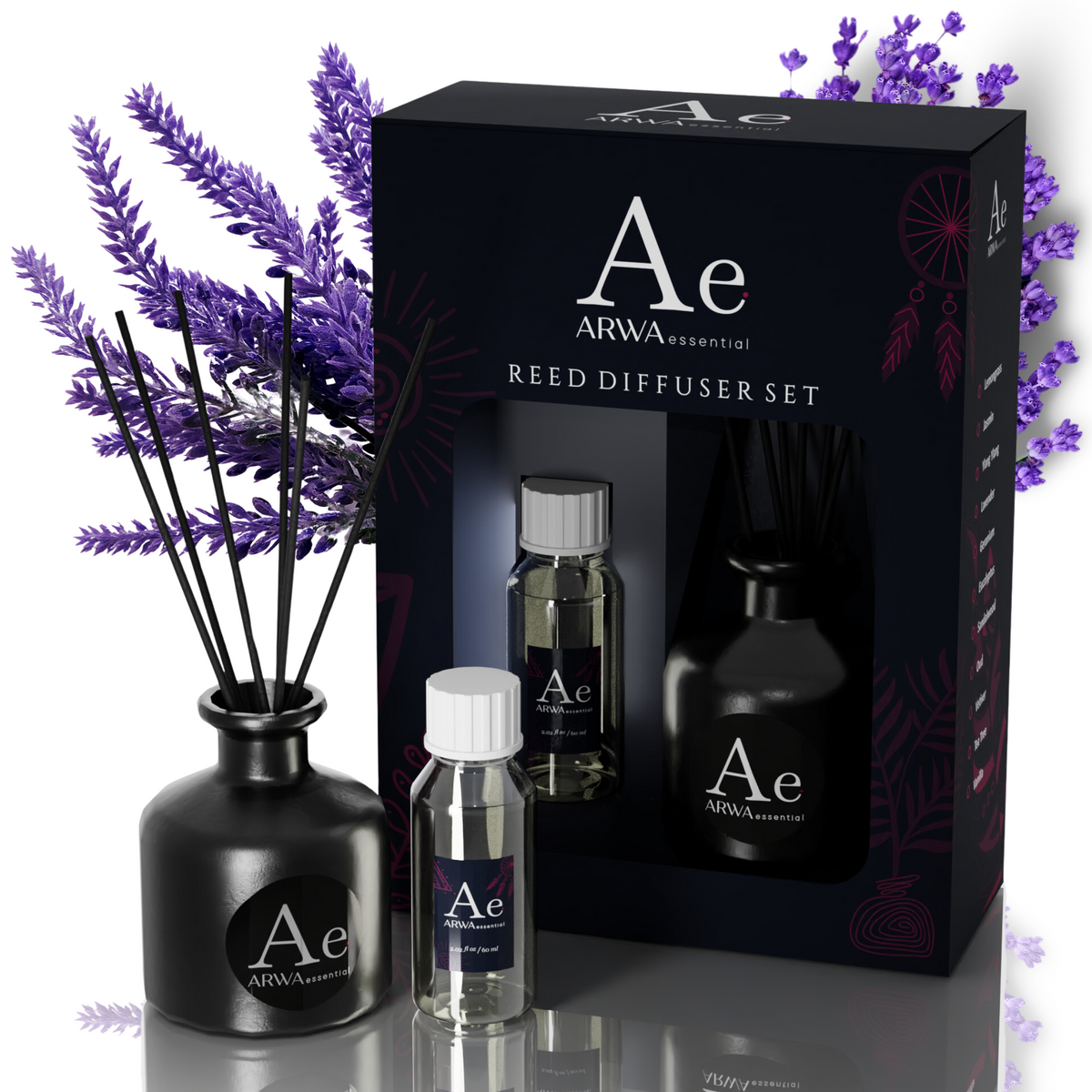 ARWA Essential French Lavender Reed Diffuser Set - black ceramic diffuser pot with reed sticks, fragrance oil bottle and refill bottle with packaging box, lavender flowers in background