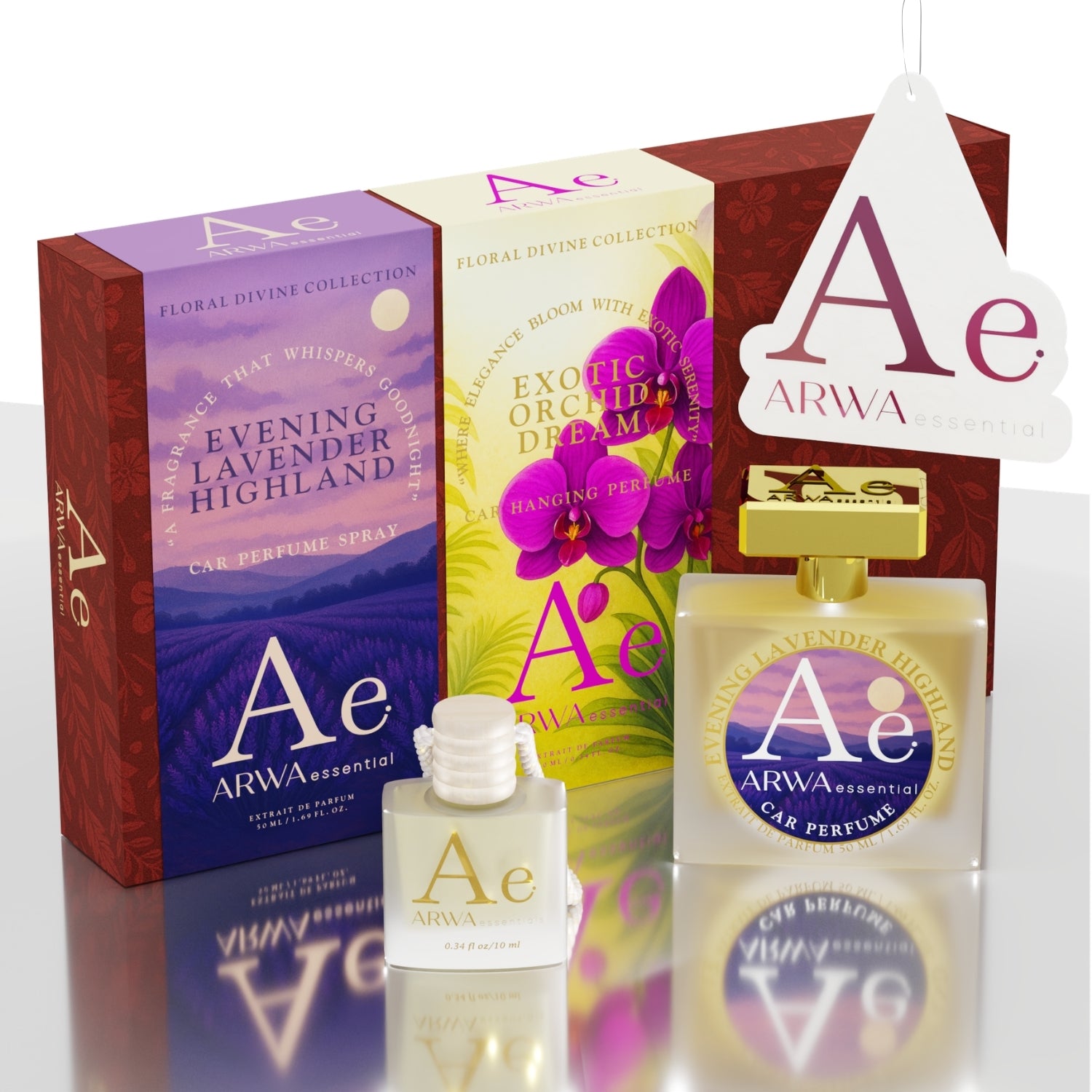 Exotic Orchid Dream Hanging Car Perfume 10ml + Evening Lavender Highland Car Perfume Spray 50ml