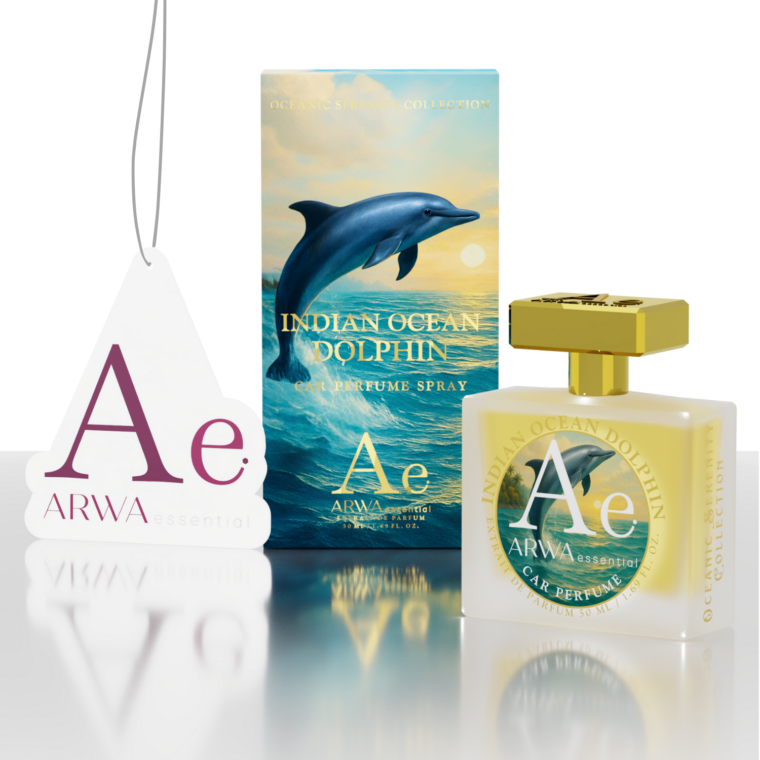 ARWA Essential Indian Ocean Dolphin 50ml car perfume spray – packaging box, glass bottle with gold cap and hanging car freshener tag, angled view
