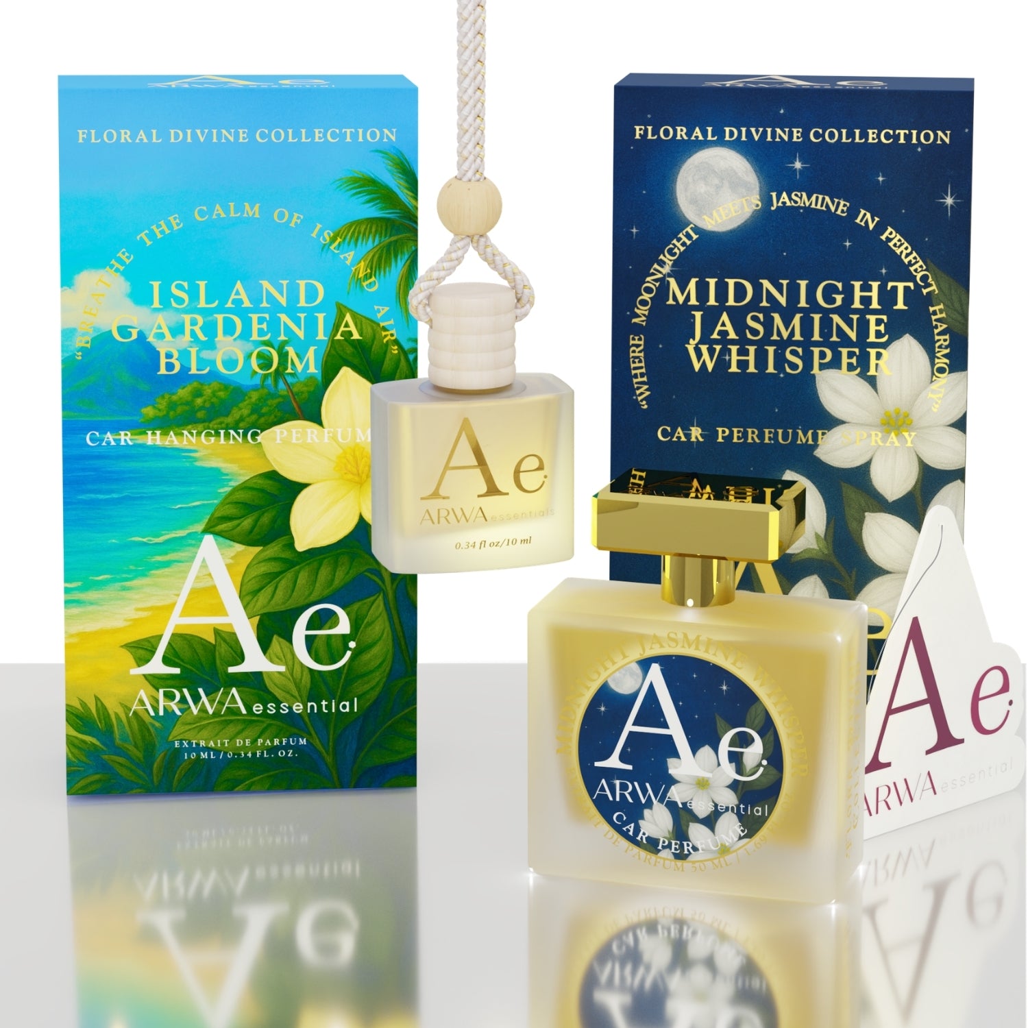 Island Gardenia Bloom Hanging Car Perfume 10ml + Midnight Jasmine Whisper Car Perfume Spray 50ml