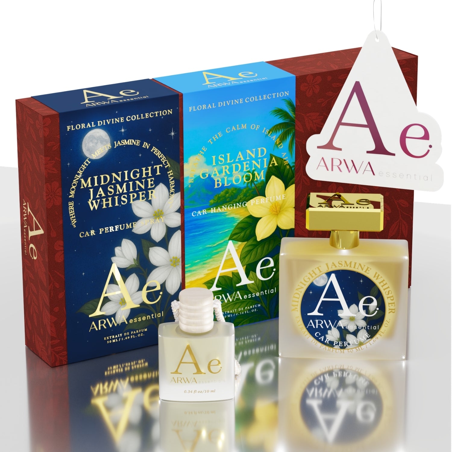 Island Gardenia Bloom Hanging Car Perfume 10ml + Midnight Jasmine Whisper Car Perfume Spray 50ml