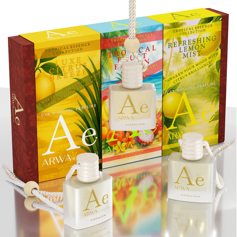 ARWA Essential Luxe Citrus Breeze, Tropical Fruit Fusion and Refreshing Lemon Mist 10ml hanging car perfume trio - three packaging boxes and glass bottles with braided cords, angled view