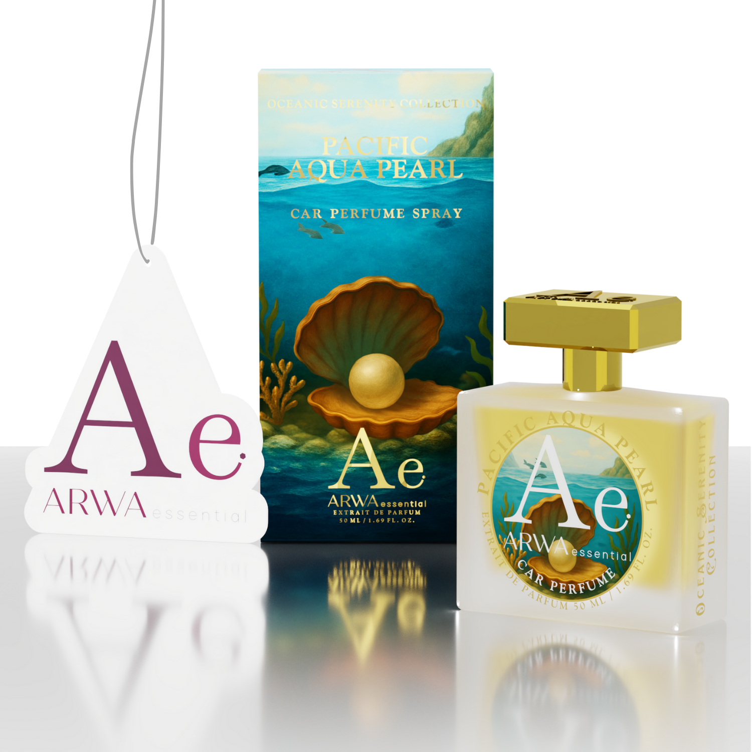 ARWA Essential Pacific Aqua Pearl 50ml car perfume spray – packaging box, glass bottle with gold cap and hanging car freshener tag, angled view