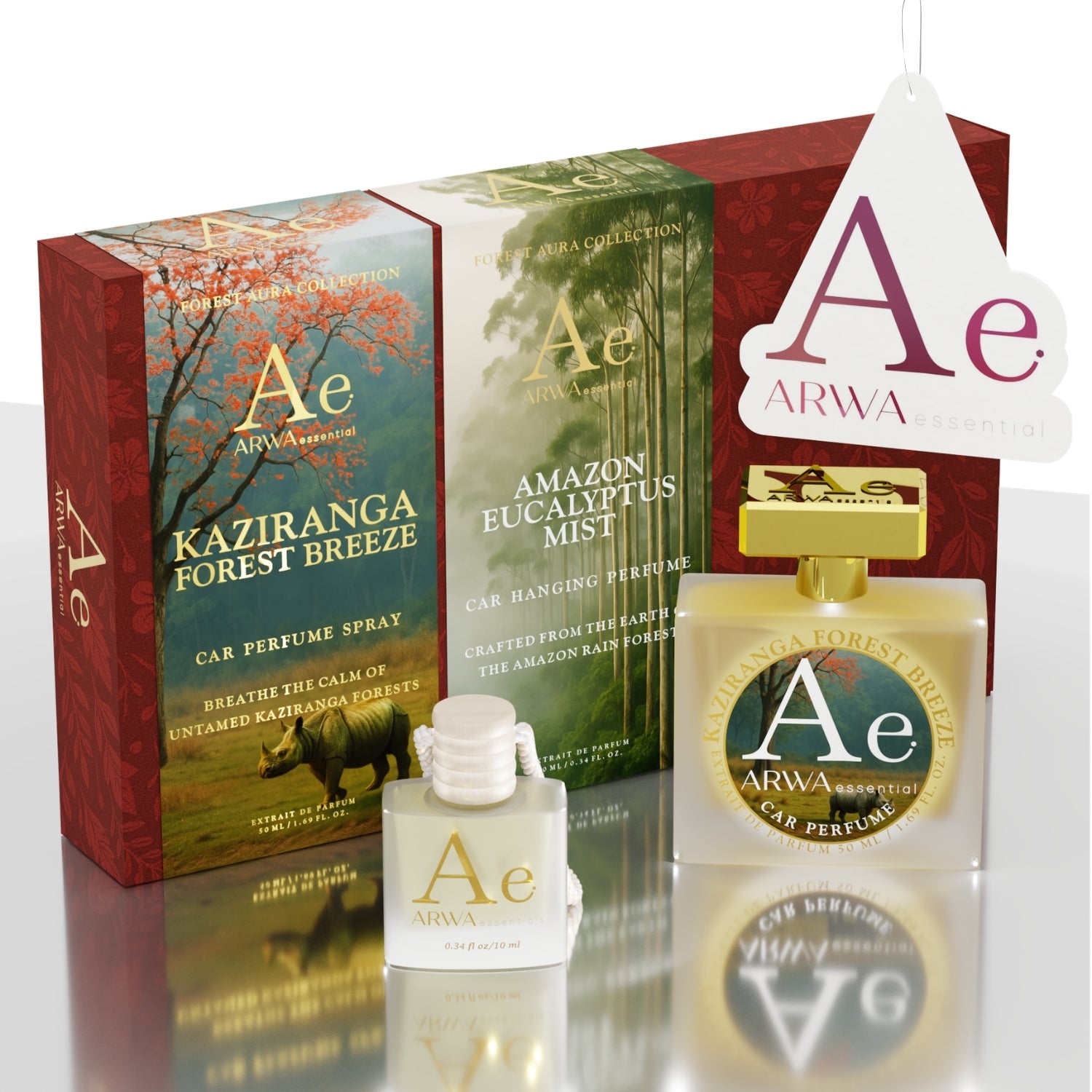 Amazon Eucalyptus Mist Hanging Car Perfume 10ml + Kaziranga Forest Breeze Car Perfume Spray 50ml