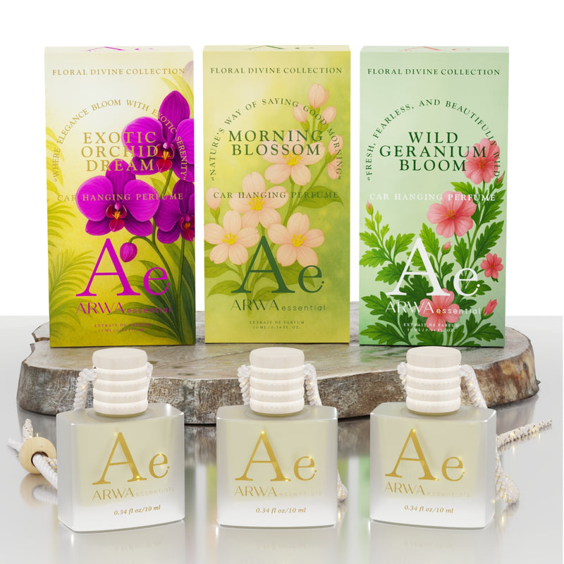 ARWA essential Wild Geranium Bloom, Morning Blossom and Exotic Orchid Dream hanging car perfume 10ml bottles with packaging boxes, Flora Divine Collection.