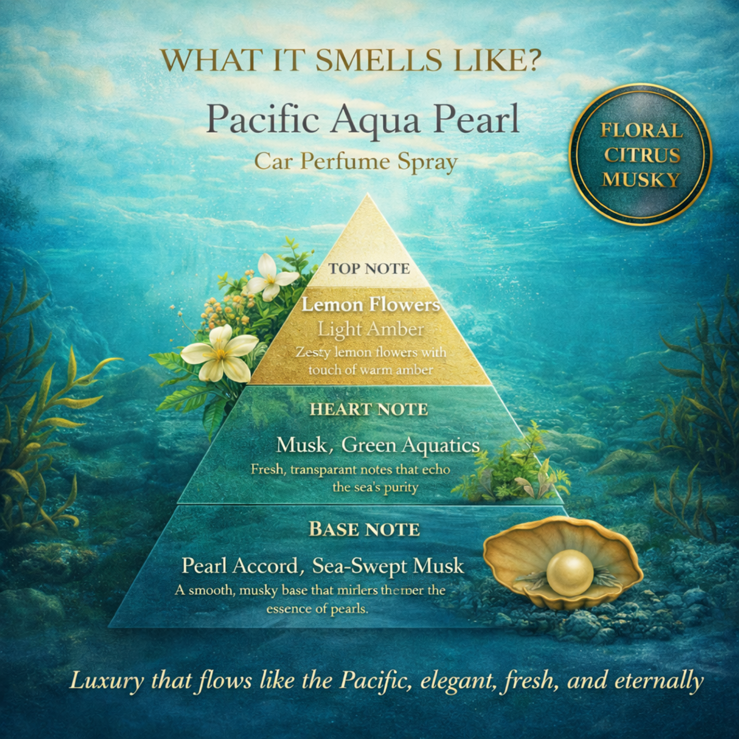 ARWA Essential Pacific Aqua Pearl Car Perfume Spray fragrance pyramid – top note Lemon Flowers and Light Amber, heart note Musk and Green Aquatics, base note Pearl Accord and Sea-Swept Musk, Floral Citrus Musky