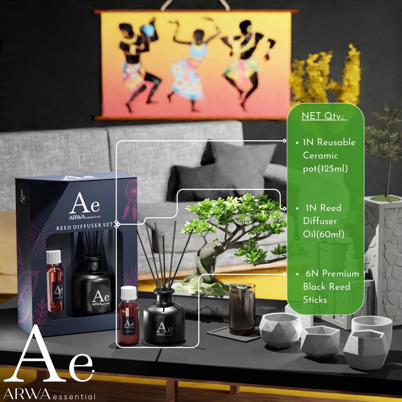 ARWA Essential Reed Diffuser Set contents - 1 reusable ceramic pot 125ml, 1 reed diffuser oil 60ml, 6 premium black reed sticks, displayed on living room table