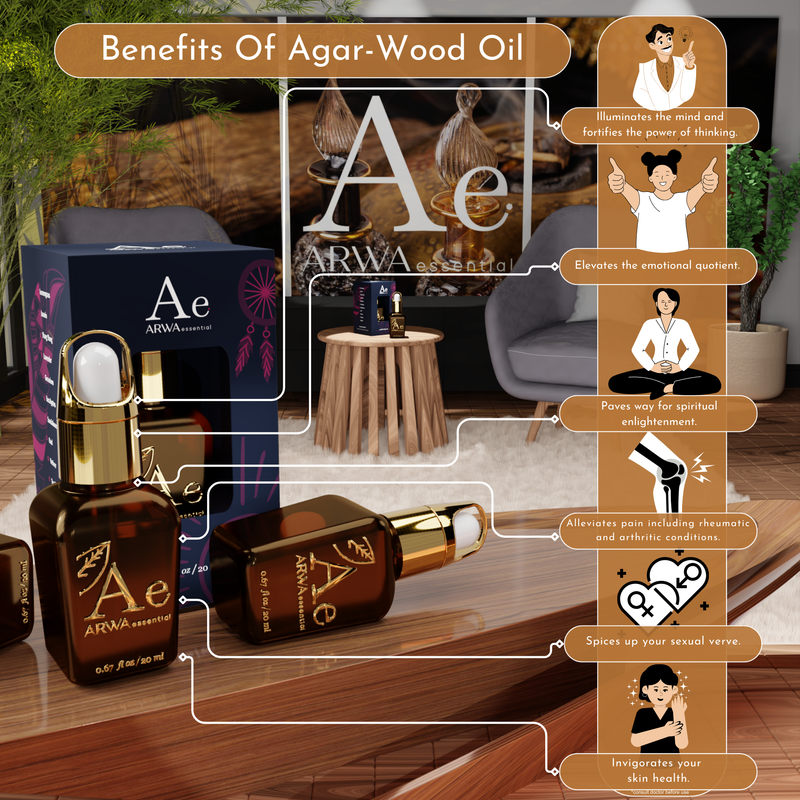 Benefits of Agar-Wood Oil - illuminates the mind and fortifies power of thinking, elevates emotional quotient, paves way for spiritual enlightenment, alleviates pain including rheumatic and arthritic conditions, spices up sexual verve, invigorates skin health