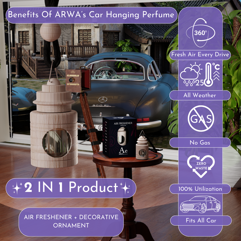Benefits of ARWA's Car Hanging Perfume infographic - 360 degree fresh air every drive, all weather, no gas, zero waste, fits all cars, 2 in 1 air freshener and decorative ornament