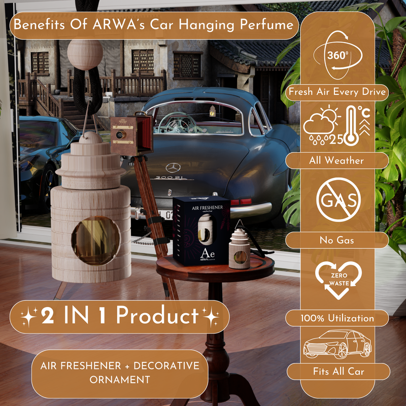 Benefits of ARWA's Car Hanging Perfume infographic - 360 degree fresh air every drive, all weather, no gas, zero waste, fits all cars, 2 in 1 air freshener and decorative ornament