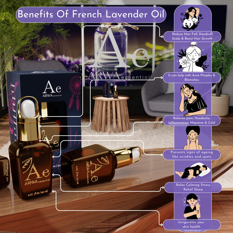 Benefits of French Lavender Oil infographic - reduces hair fall, dandruff, boosts hair growth, helps with acne, pimples, blemishes, relieves pain, headache, inflammation, migraine, cold, prevents ageing signs, relaxes and relieves stress for better sleep, invigorates skin health