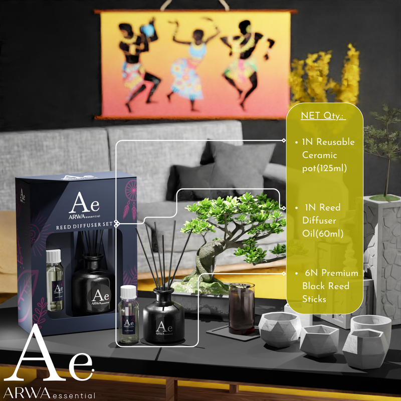 ARWA Essential Reed Diffuser Set contents - 1 reusable ceramic pot 125ml, 1 reed diffuser oil 60ml, 6 premium black reed sticks, displayed on living room table