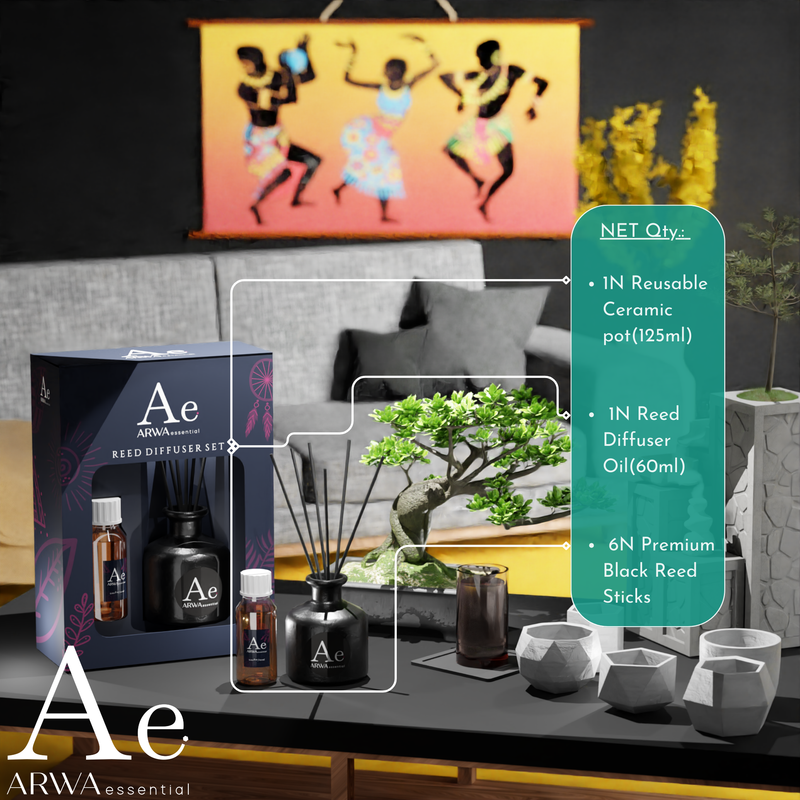 ARWA Essential Reed Diffuser Set contents - 1 reusable ceramic pot 125ml, 1 reed diffuser oil 60ml, 6 premium black reed sticks, displayed on living room table