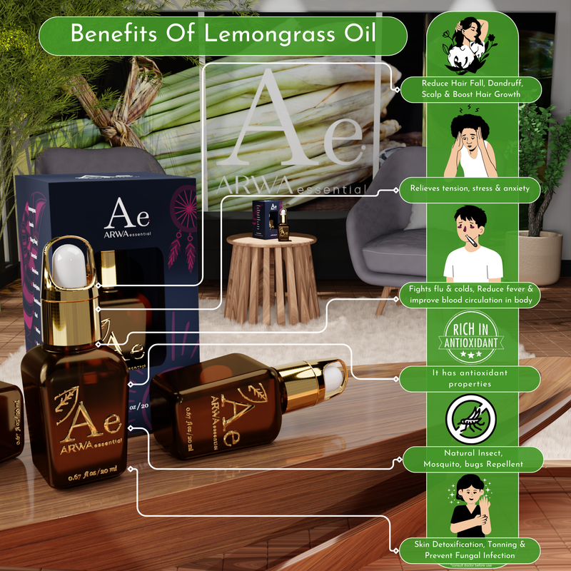 Benefits of Lemongrass Oil infographic - reduces hair fall dandruff and boosts hair growth, relieves tension stress and anxiety, fights flu and colds, rich in antioxidants, natural insect and mosquito repellent, skin detoxification and toning