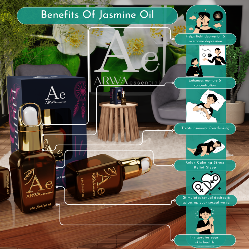 Benefits of Jasmine Oil infographic - helps fight depression, enhances memory and concentration, treats insomnia and overthinking, relaxes and calms for stress relief sleep, stimulates sexual desires, invigorates skin health
