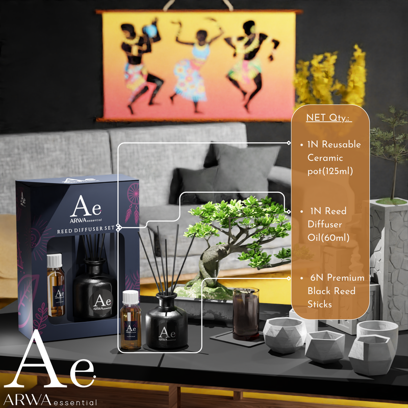 ARWA Essential Reed Diffuser Set contents - 1 reusable ceramic pot 125ml, 1 reed diffuser oil 60ml, 6 premium black reed sticks, displayed on living room table
