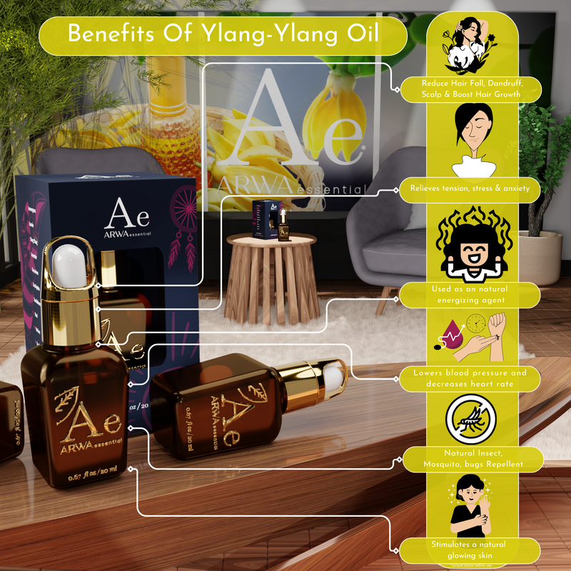 Benefits of Ylang-Ylang Oil - reduces hair fall, dandruff, boosts hair growth, relieves tension stress and anxiety, used as a natural energizing agent, lowers blood pressure and decreases heart rate, natural insect and mosquito repellent, stimulates natural glowing skin