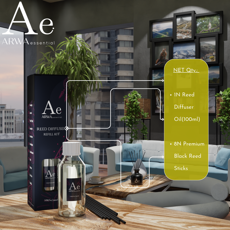 ARWA Essential Reed Diffuser Refill Kit contents - 1 reed diffuser oil 100ml, 8 premium black reed sticks, displayed on living room table