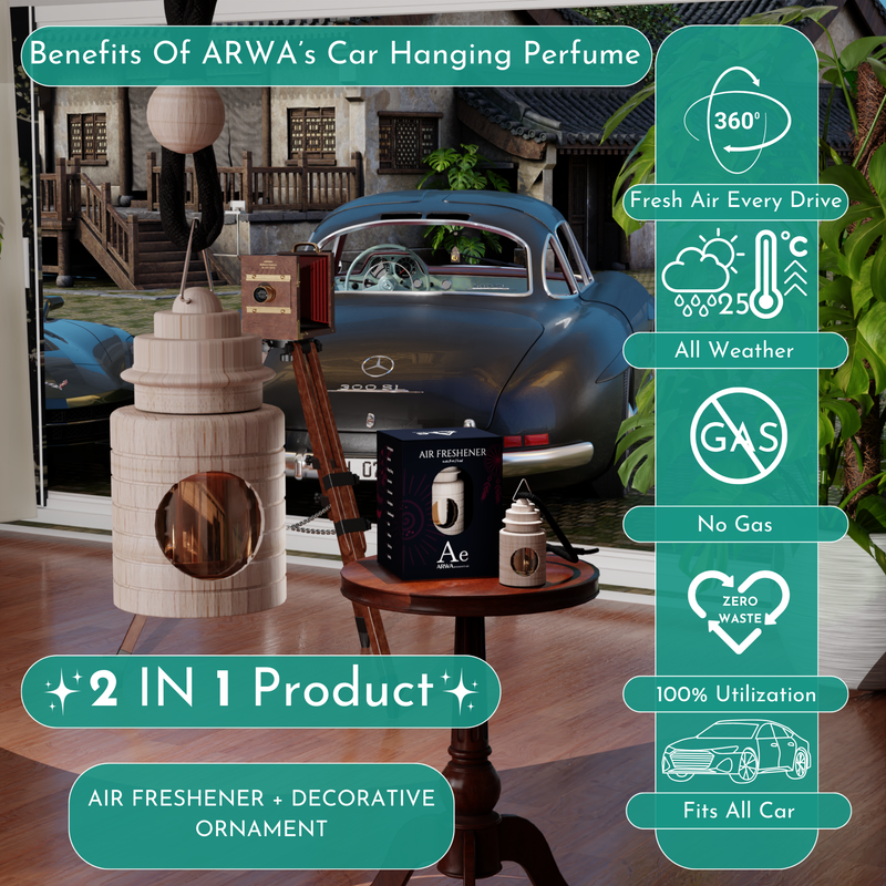 Benefits of ARWA's Car Hanging Perfume infographic - 360 degree fresh air every drive, all weather, no gas, zero waste, fits all cars, 2 in 1 air freshener and decorative ornament