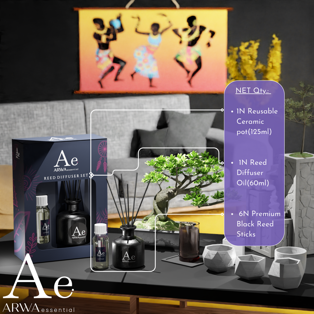 ARWA Essential Reed Diffuser Set contents - 1 reusable ceramic pot 125ml, 1 reed diffuser oil 60ml, 6 premium black reed sticks, displayed on living room table