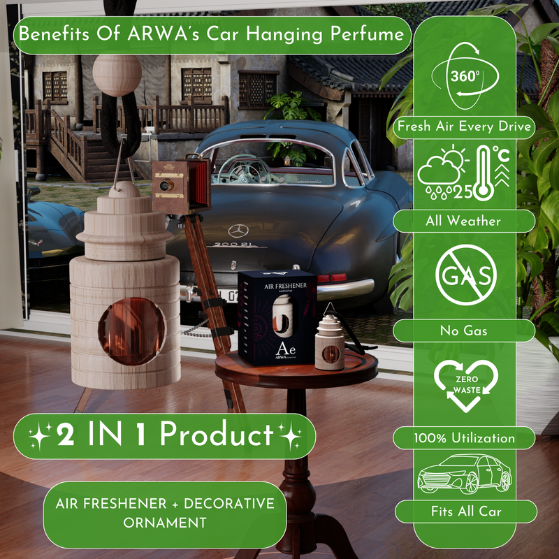 Benefits of ARWA's Car Hanging Perfume infographic - 360 degree fresh air every drive, all weather, no gas, zero waste, fits all cars, 2 in 1 air freshener and decorative ornament