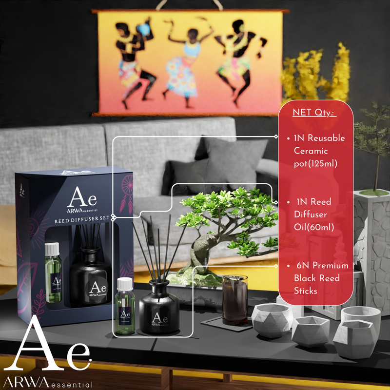 ARWA Essential Reed Diffuser Set contents - 1 reusable ceramic pot 125ml, 1 reed diffuser oil 60ml, 6 premium black reed sticks, displayed on living room table