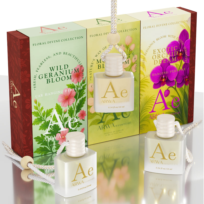 ARWA essential Exotic Orchid Dream, Morning Blossom and Wild Geranium Bloom hanging car perfume trio with packaging boxes, Flora Divine Collection.