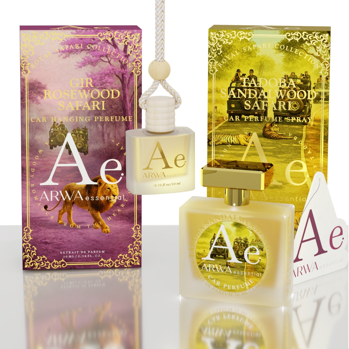 Gir Rosewood Safari Hanging Car Perfume 10ml + Tadoba Sandalwood Safari Car Perfume Spray 50ml