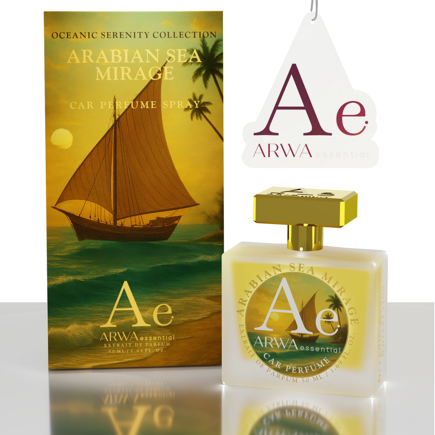 ARWA Essential Arabian Sea Mirage 50ml car perfume spray – dhow sailboat packaging box and glass bottle with gold cap and hanging car freshener tag, Oceanic Serenity Collection