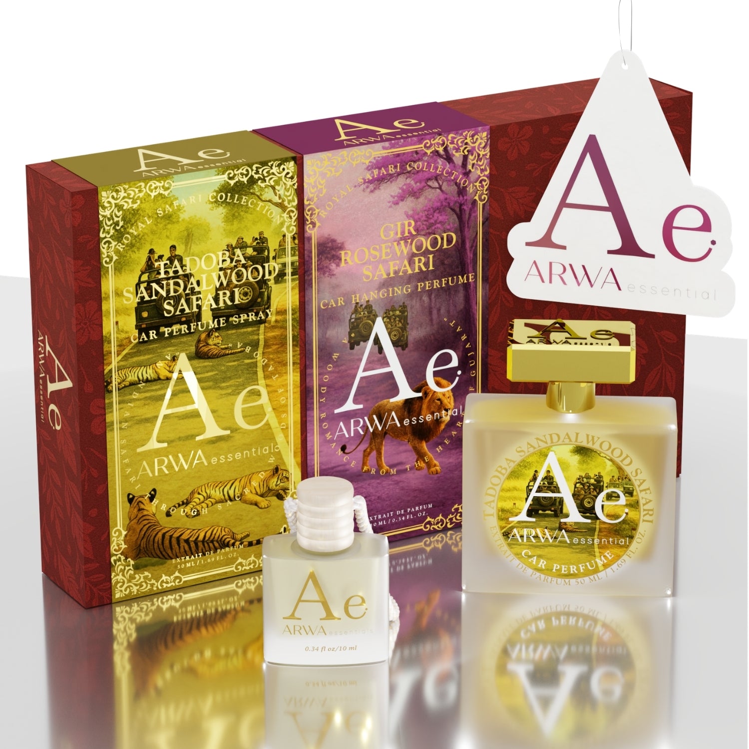 Gir Rosewood Safari Hanging Car Perfume 10ml + Tadoba Sandalwood Safari Car Perfume Spray 50ml
