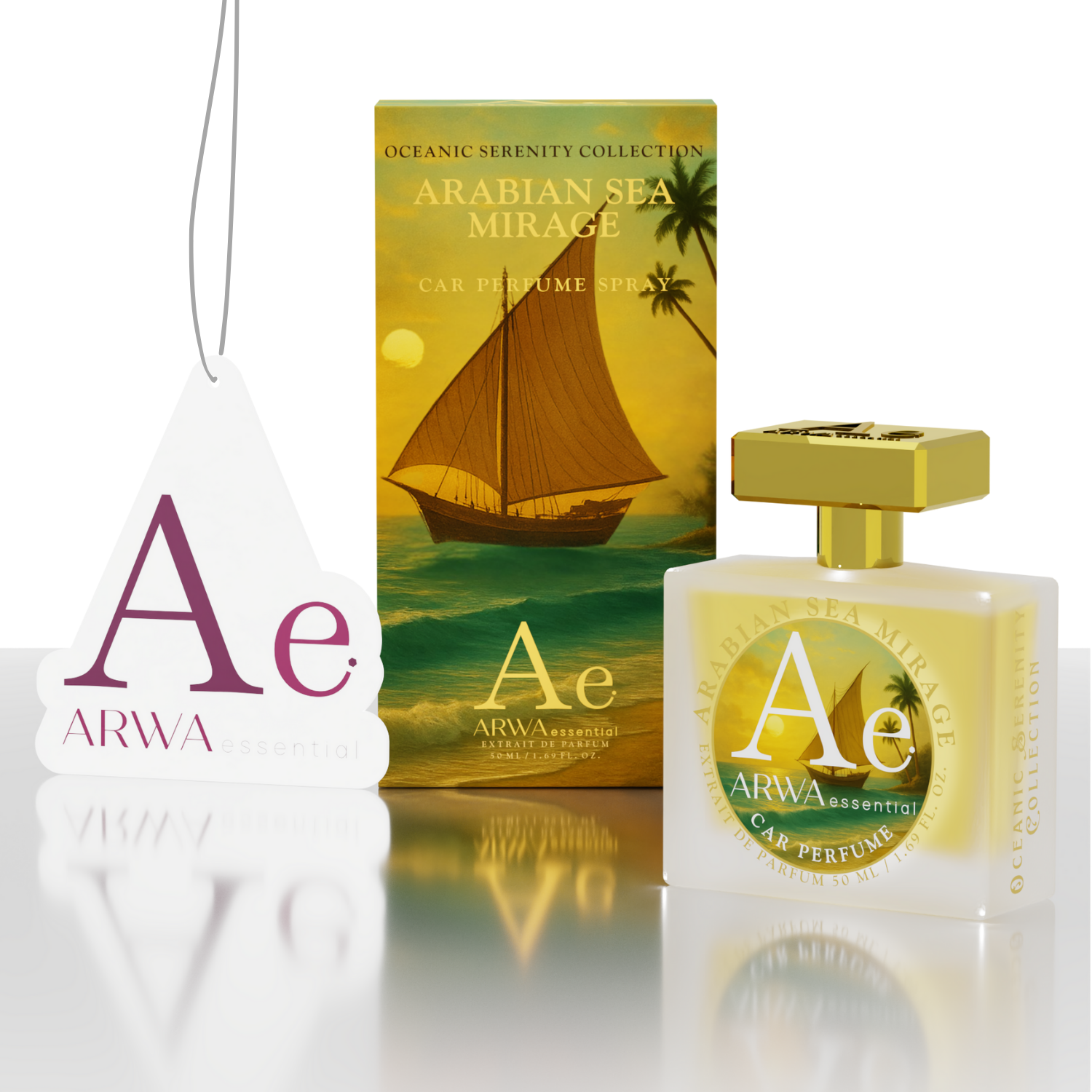 ARWA Essential Arabian Sea Mirage 50ml car perfume spray – packaging box, glass bottle with gold cap and hanging car freshener tag, angled view