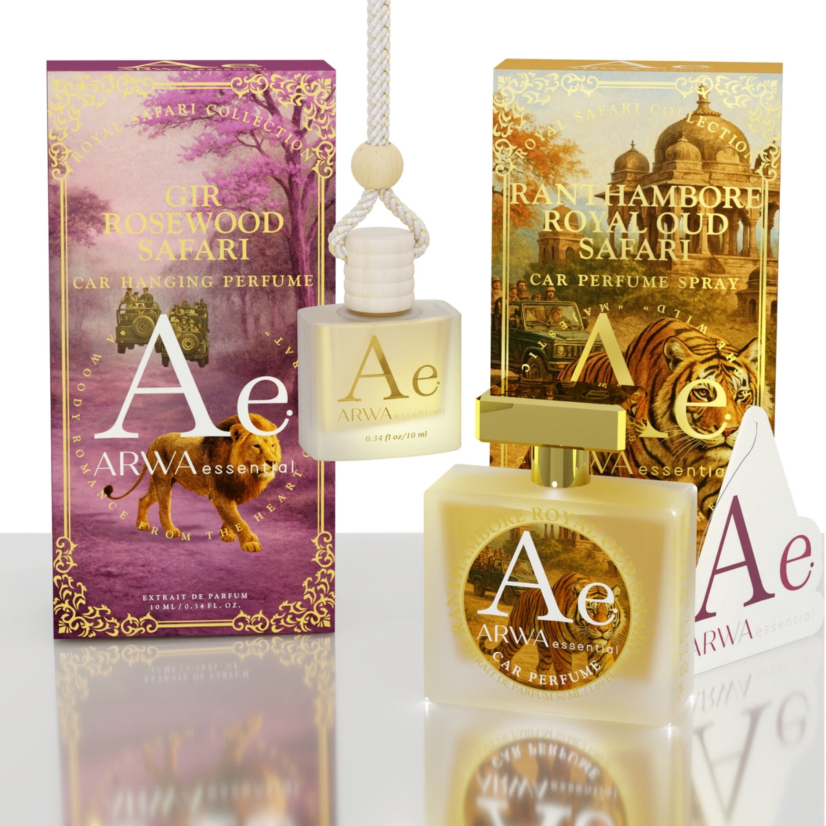 Gir Rosewood Safari Hanging Car Perfume 10ml + Ranthambore Royal Oud Safari Car Perfume Spray 50ml