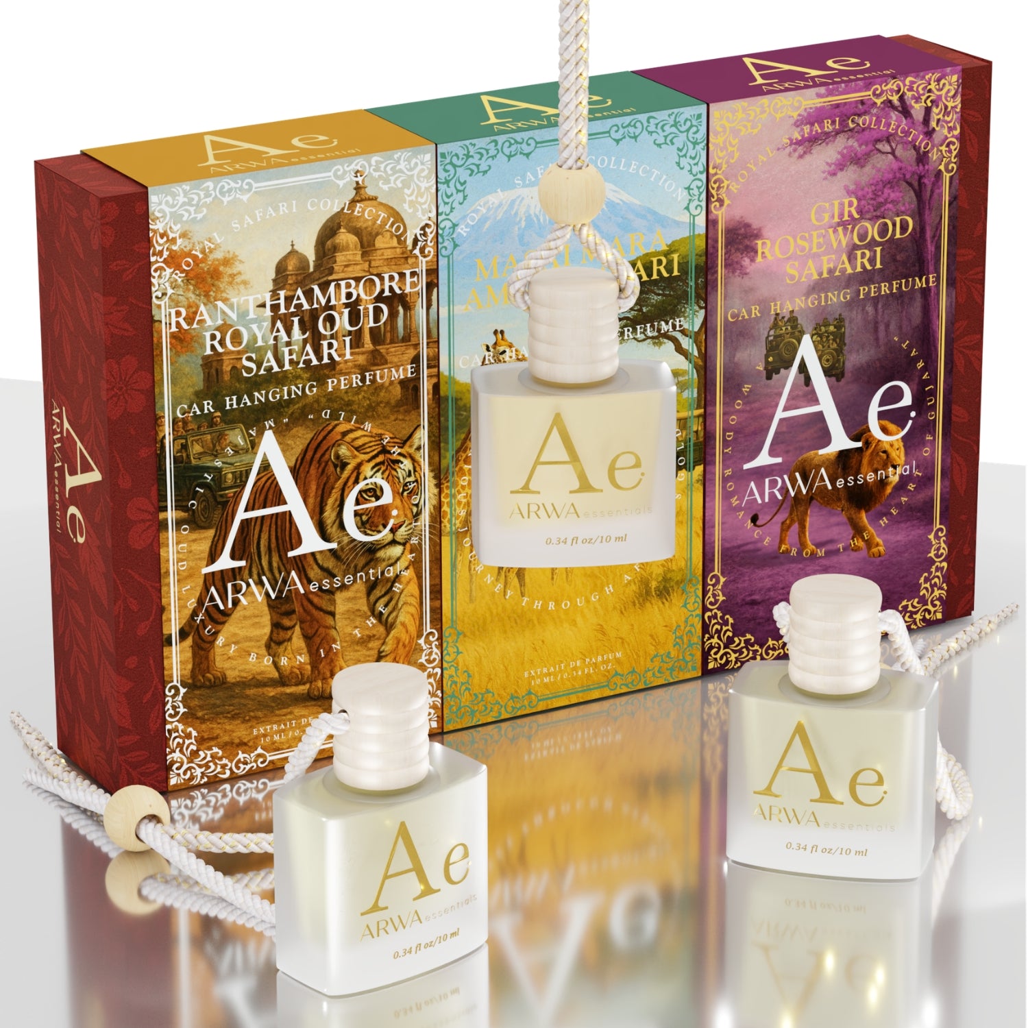 Gir Rosewood Safari + Masai Mara Amber Safari + Ranthambore Royal Oud Safari Hanging Car Perfume | 10ml Each