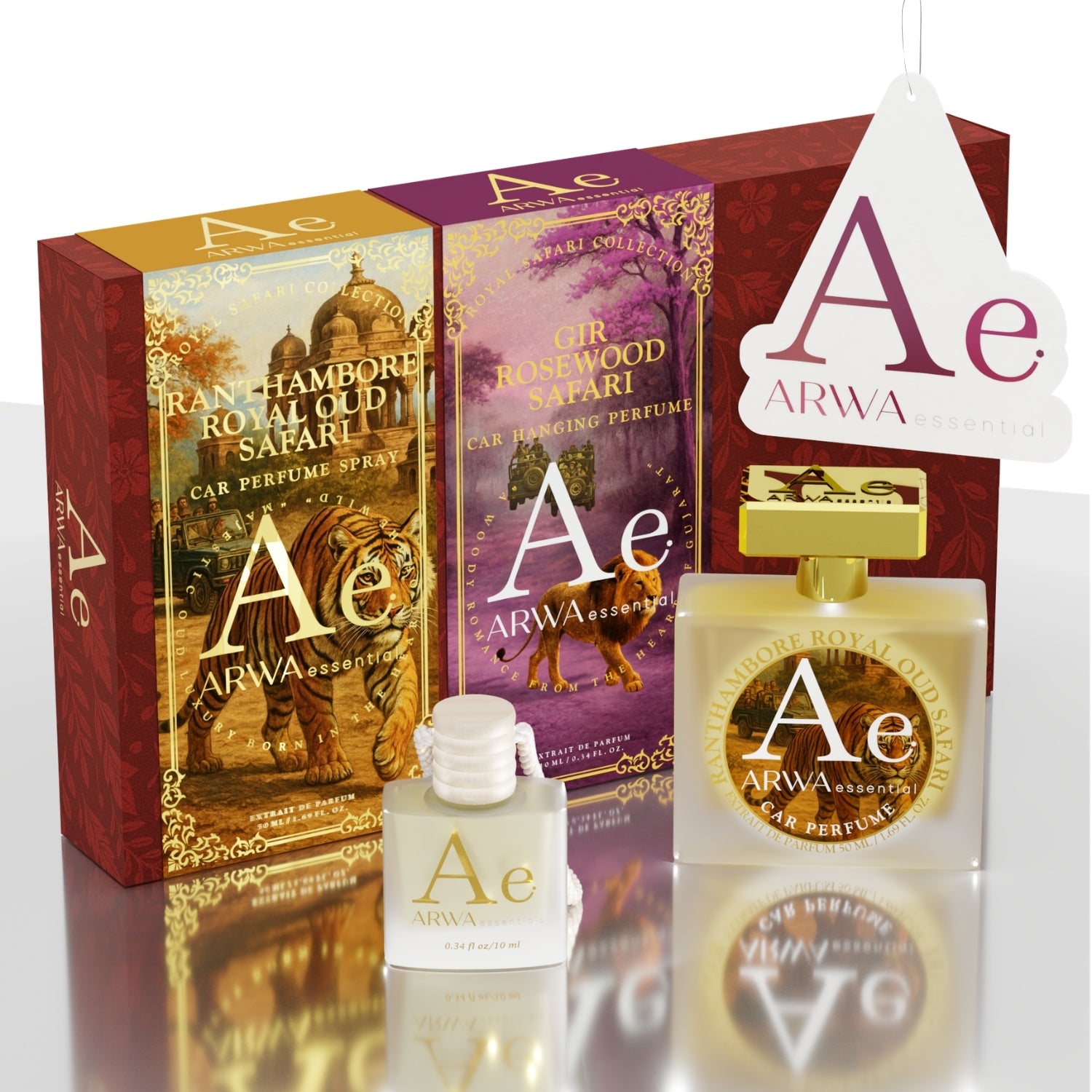 Gir Rosewood Safari Hanging Car Perfume 10ml + Ranthambore Royal Oud Safari Car Perfume Spray 50ml