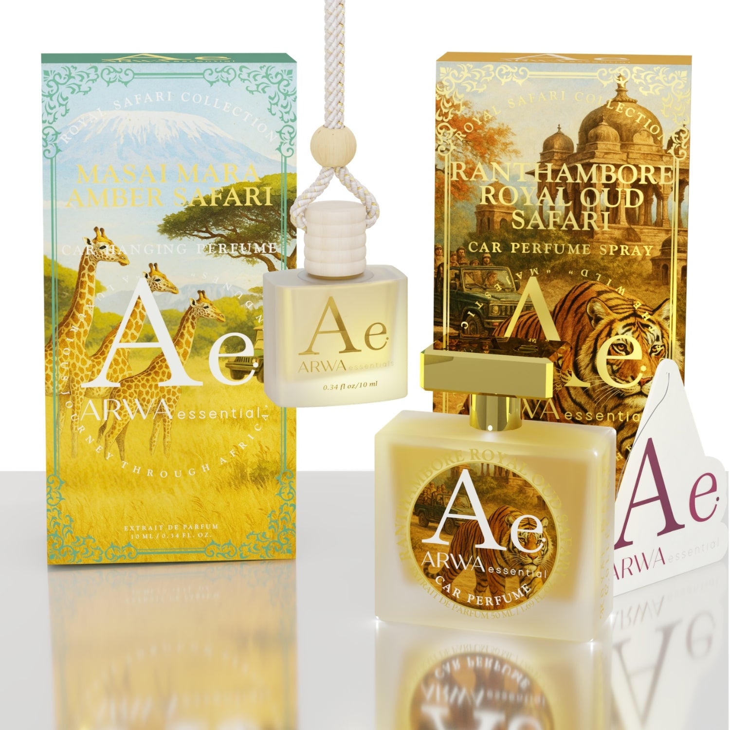 Masai Mara Amber Safari Hanging Car Perfume 10ml + Ranthambore Royal Oud Safari Car Perfume Spray 50ml