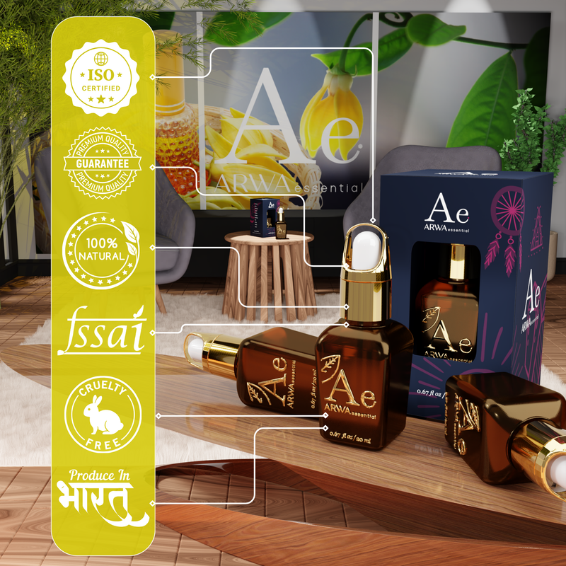 ARWA Essential certifications - ISO certified, premium quality guarantee, 100% natural, FSSAI approved, cruelty free, produced in India